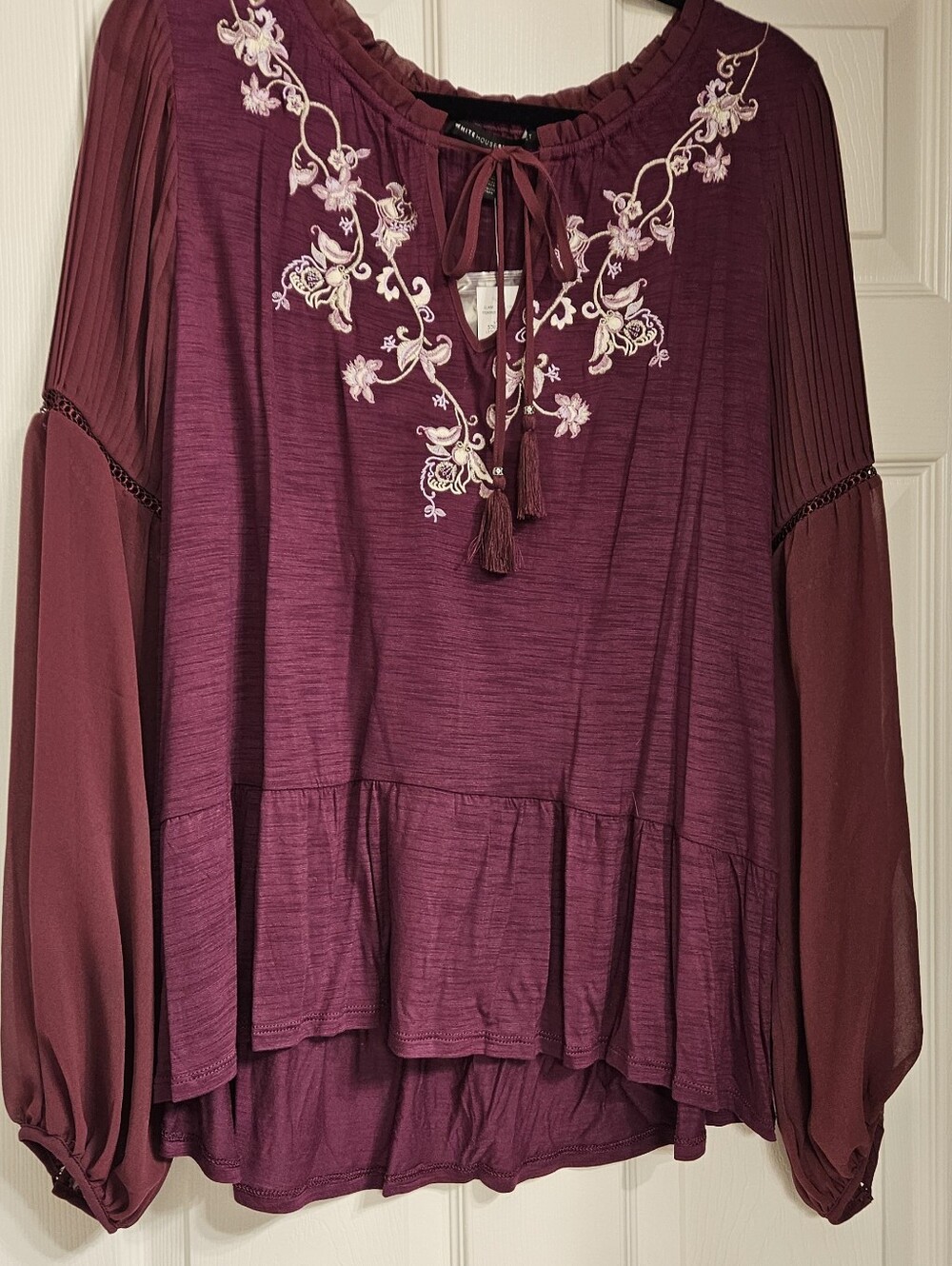 White House Black Market Plum Embroidered Peasant Blouse NWT Sz XL